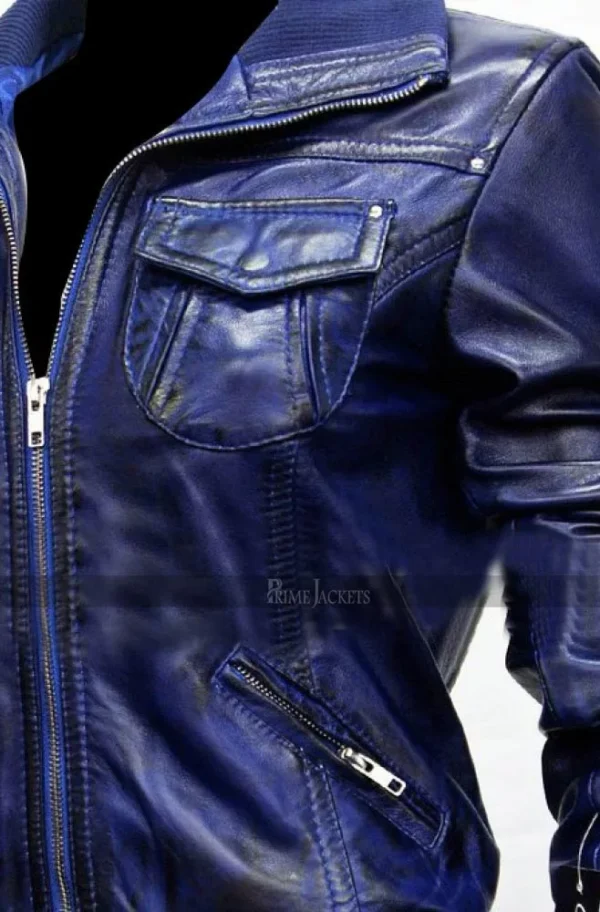 Womens Leather Bomber Blue Jacket - Image 2