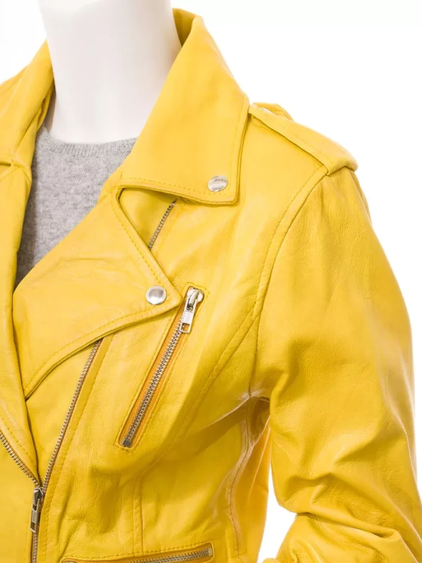 Womens Yellow Leather Biker Jacket - Image 3
