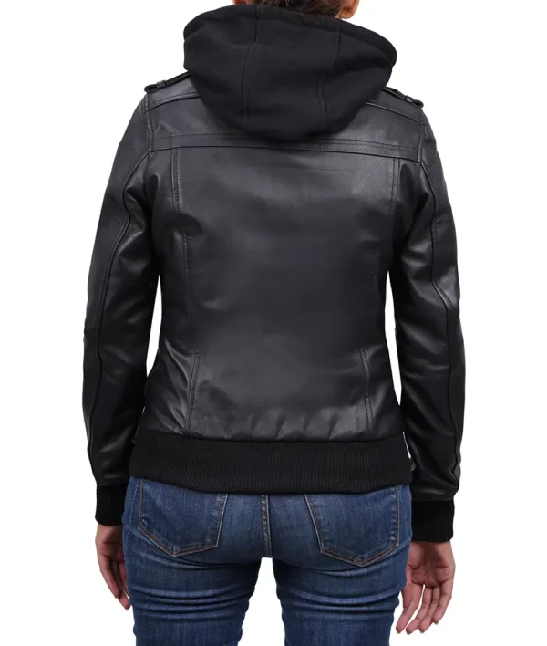 Women's Black Leather Bomber Jacket with Removable Hood - Image 7