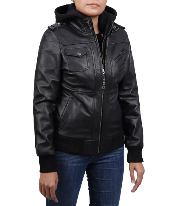 Women's Black Leather Bomber Jacket with Removable Hood - Image 3