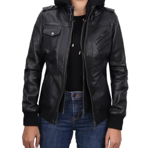 Women's Black Leather Bomber Jacket with Removable Hood