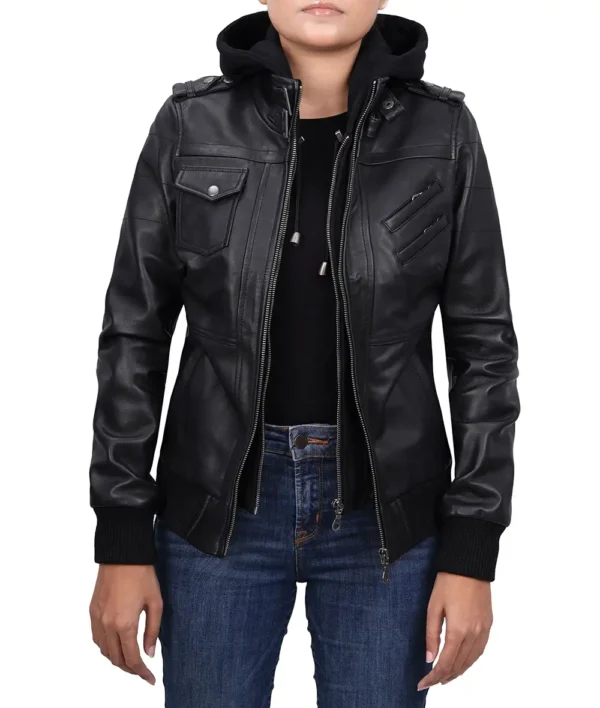 Women's Black Leather Bomber Jacket with Removable Hood
