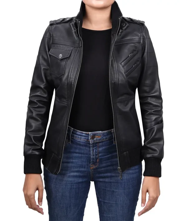 Women's Black Leather Bomber Jacket with Removable Hood - Image 2