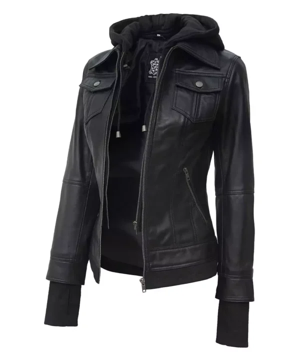 The Céleste: Womens Black Bomber Leather Jacket with Removable Hood - Image 6