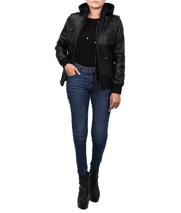Women's Black Leather Bomber Jacket with Removable Hood - Image 4