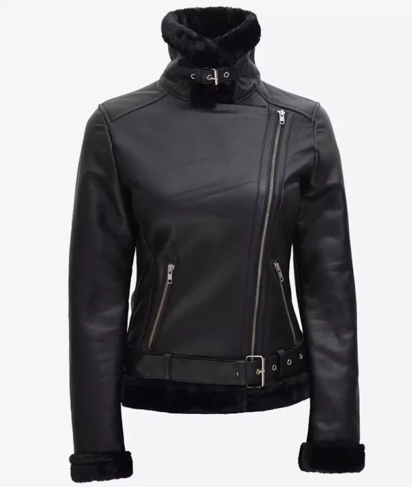 Agnes Asymmetrical Black Shearling Leather Jacket Womens - Image 2