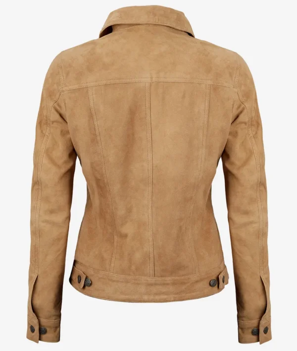 Womens Light Brown Suede Leather Trucker Jacket - Image 5
