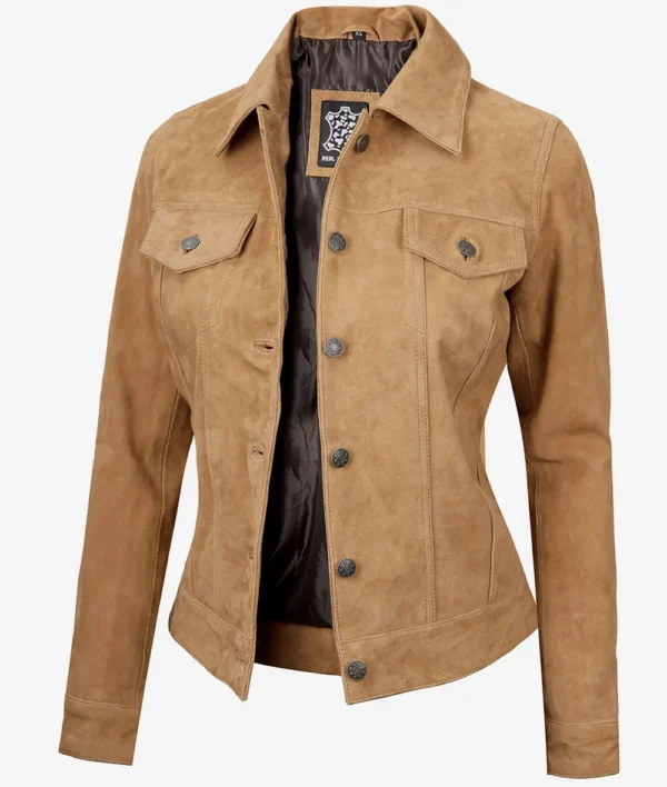 Womens Light Brown Suede Leather Trucker Jacket - Image 4