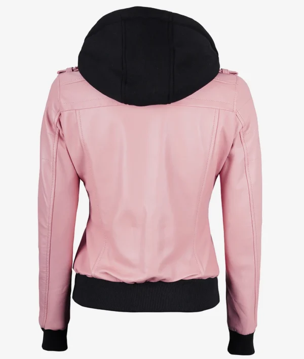 Womens Pink Hooded Bomber Leather Jacket - Image 6