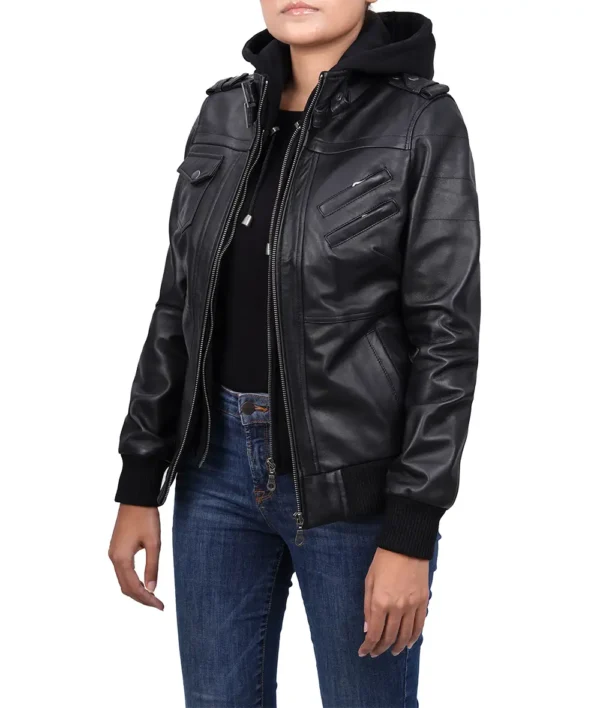 Women's Black Leather Bomber Jacket with Removable Hood - Image 5