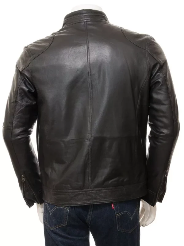 Black Leather Double Pockets Biker Jacket Men’s - Image 4