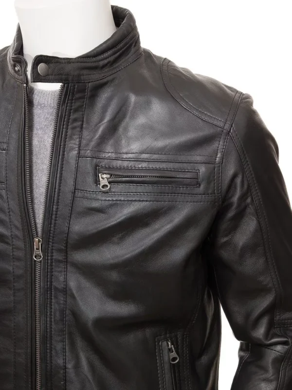 Black Leather Double Pockets Biker Jacket Men’s - Image 3