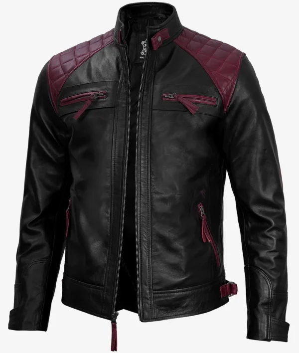 Men's Black and Maroon Biker Leather Jacket - Image 2
