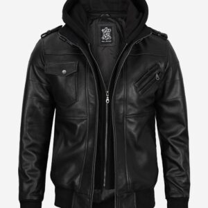 Mens Black Real Leather Bomber Jacket with Removable Hood