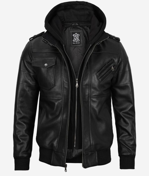 Mens Black Real Leather Bomber Jacket with Removable Hood