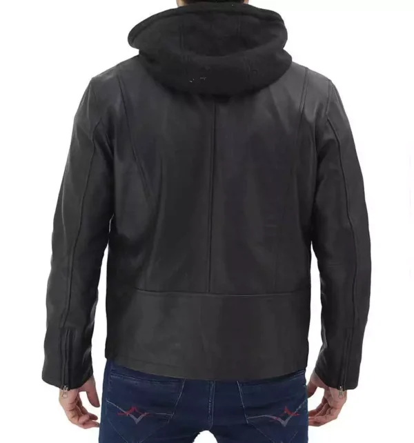 Men's Cafe Racer Black Leather Jacket with Removable Hood - Image 4