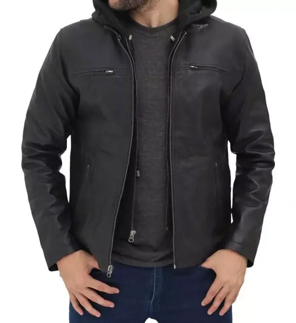 Men's Cafe Racer Black Leather Jacket with Removable Hood - Image 2