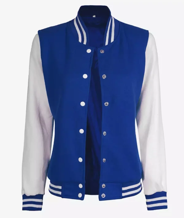 Women's White and Royal Blue Baseball-Style Letterman Bomber Jacket - Image 4