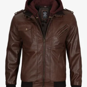 Mens Real Leather Dark Brown Bomber Jacket With Removable Hood