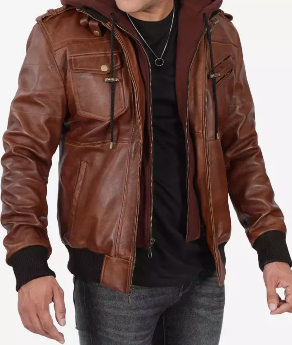 Mens Brown Leather Bomber Jacket With Removable Hood - Image 6
