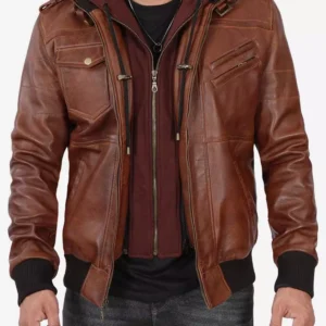 Mens Brown Leather Bomber Jacket With Removable Hood