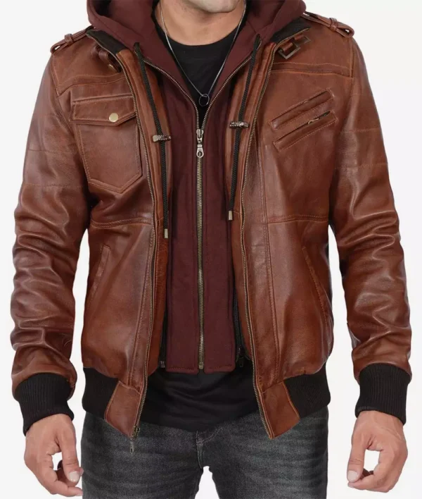 Mens Brown Leather Bomber Jacket With Removable Hood