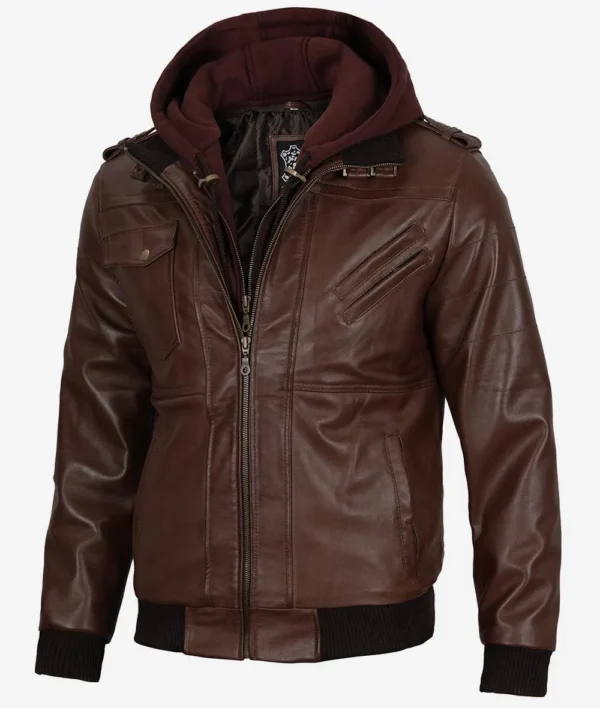 Mens Real Leather Dark Brown Bomber Jacket With Removable Hood - Image 2