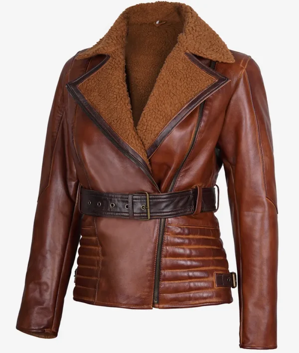 Womens Brown Moto Sherpa Leather Jacket - Image 2