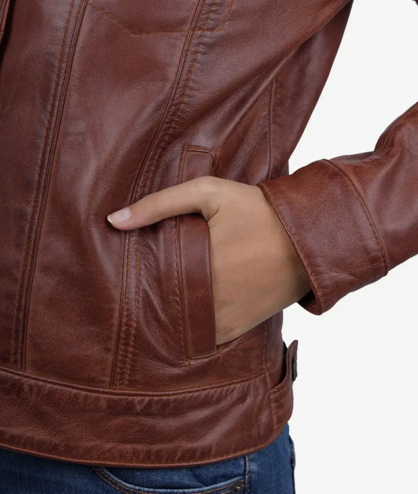 Womens Cognac Brown Trucker Leather Jacket - Image 6