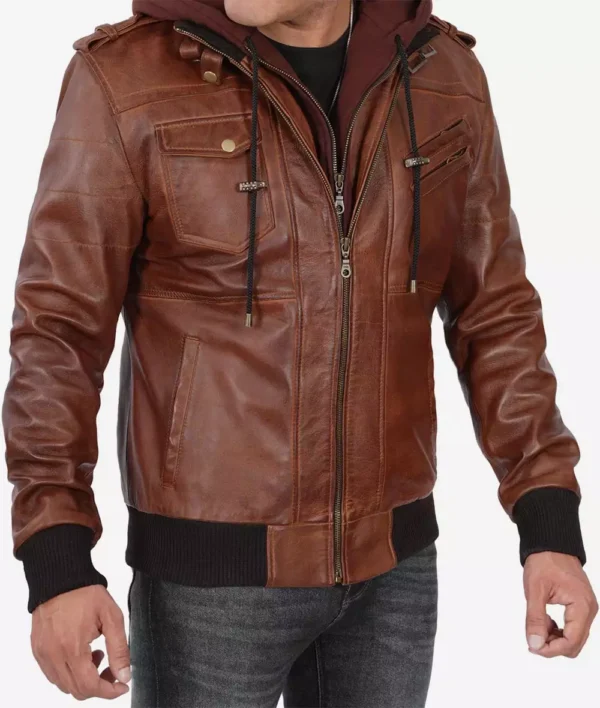 Mens Brown Leather Bomber Jacket With Removable Hood - Image 2