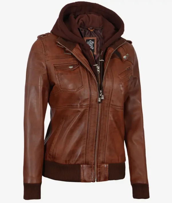 Womens Cognac Leather Bomber Jacket With Removable Hood - Image 6
