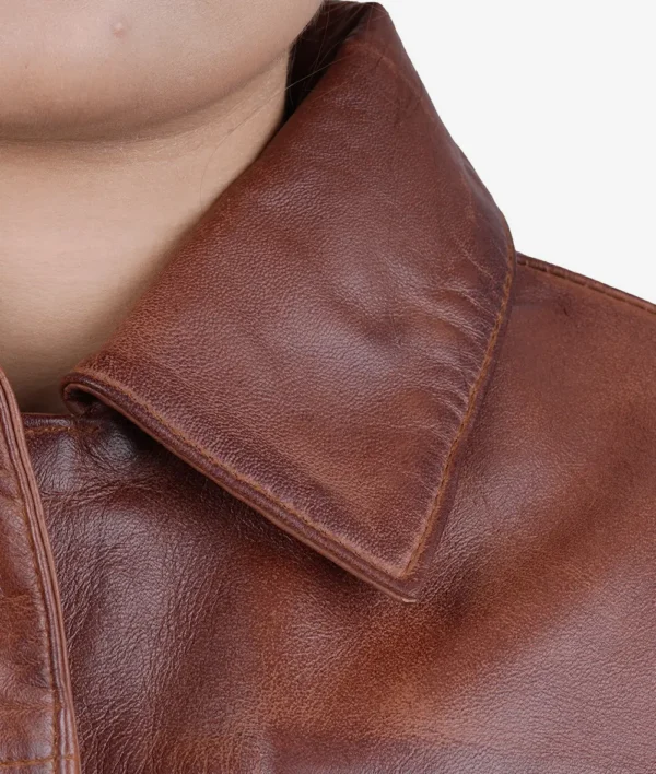 Womens Cognac Brown Trucker Leather Jacket - Image 5