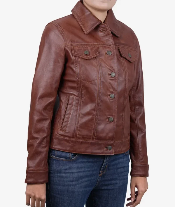Womens Cognac Brown Trucker Leather Jacket - Image 4