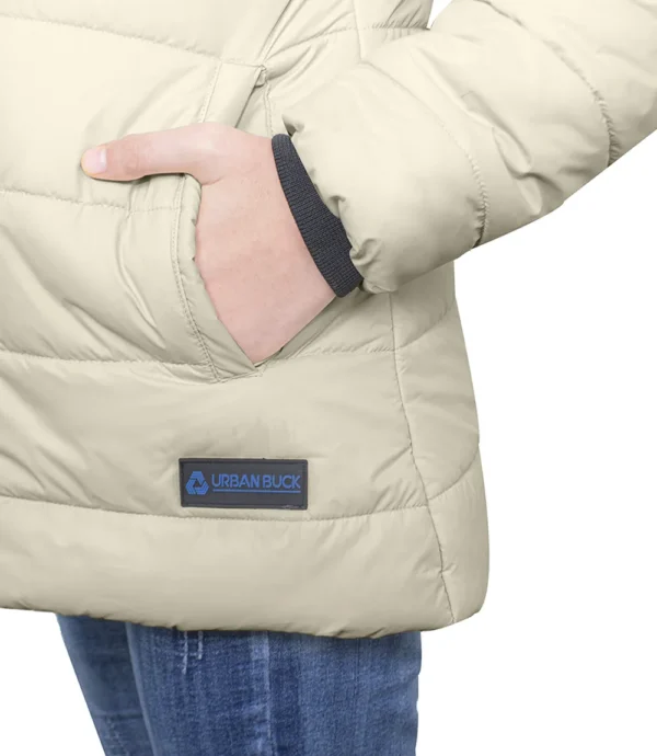 Womens Cream Puffer Jacket with Fur Collar - Image 4