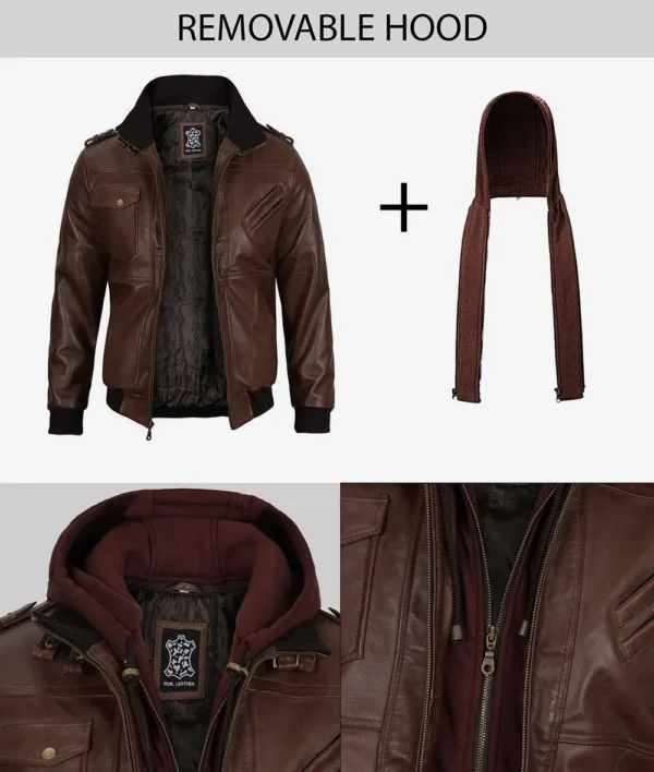 Mens Real Leather Dark Brown Bomber Jacket With Removable Hood - Image 5