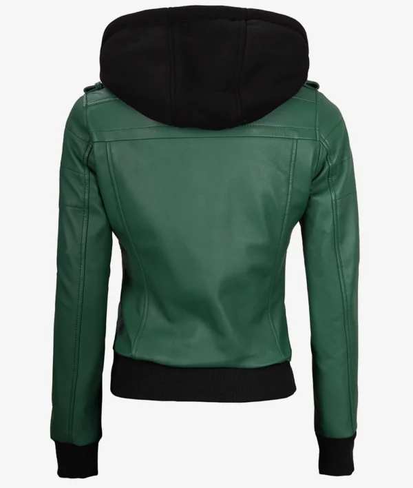 Womens Green Hooded Bomber Leather Jacket - Image 7