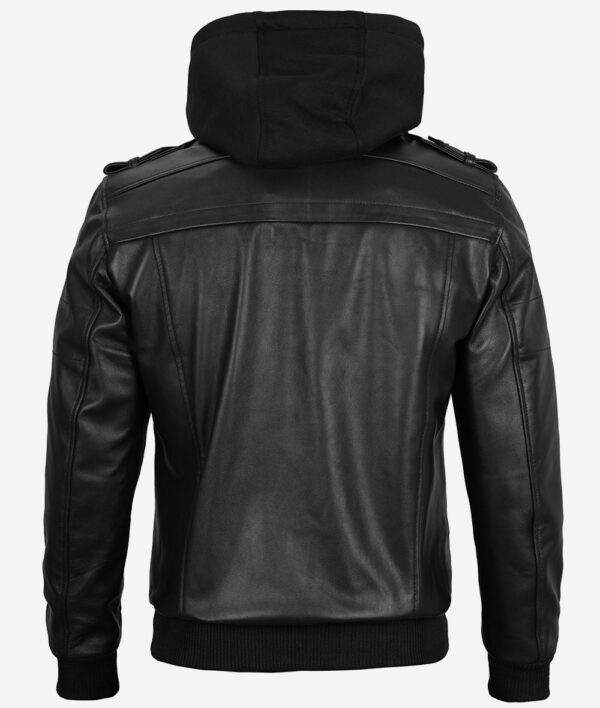 Mens Black Real Leather Bomber Jacket with Removable Hood - Image 6