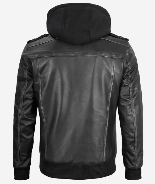Edinburgh Men's Grey Leather Bomber Jacket With Removable Hood - Image 6