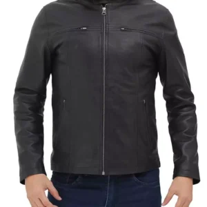 Men's Cafe Racer Black Leather Jacket with Removable Hood