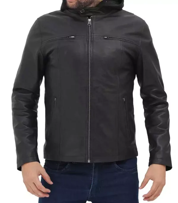 Men's Cafe Racer Black Leather Jacket with Removable Hood