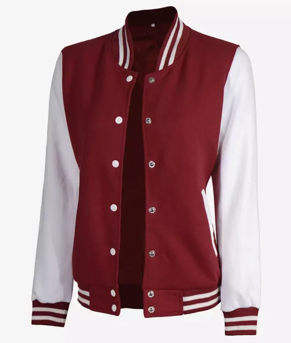 Womens Maroon Varsity Jacket with White Sleeves - Baseball Bomber Jacket - Image 4