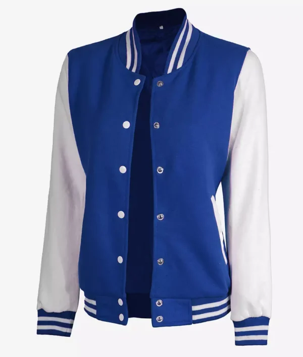Women's White and Royal Blue Baseball-Style Letterman Bomber Jacket - Image 2