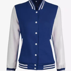 Women's White and Royal Blue Baseball-Style Letterman Bomber Jacket