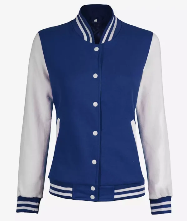 Women's White and Royal Blue Baseball-Style Letterman Bomber Jacket