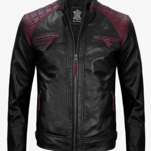 Men's Black and Maroon Biker Leather Jacket