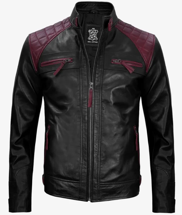 Men's Black and Maroon Biker Leather Jacket