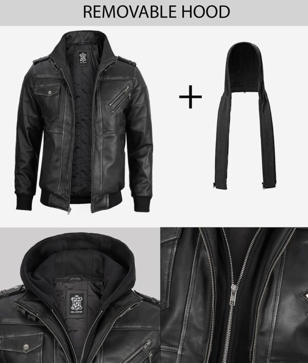 Edinburgh Men's Grey Leather Bomber Jacket With Removable Hood - Image 5