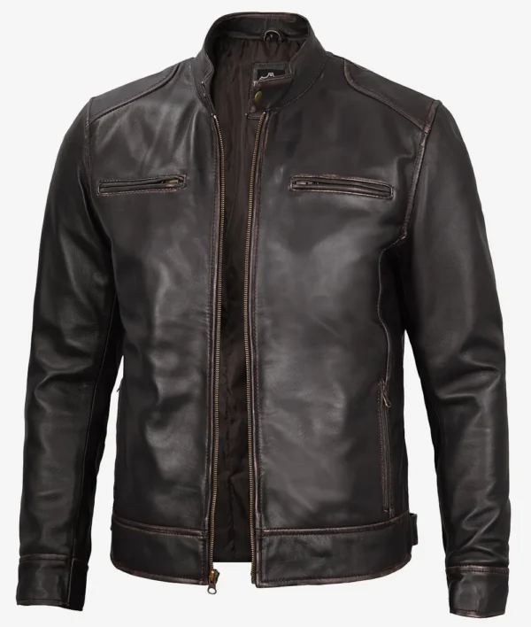 Men's Real Leather Vintage Brown Cafe Racer Jacket - Image 4