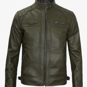 Mens Quilted Shoulder Military Green Cafe Racer Leather Jacket