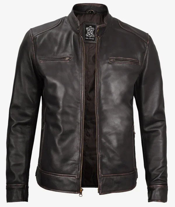 Men's Real Leather Vintage Brown Cafe Racer Jacket - Image 3
